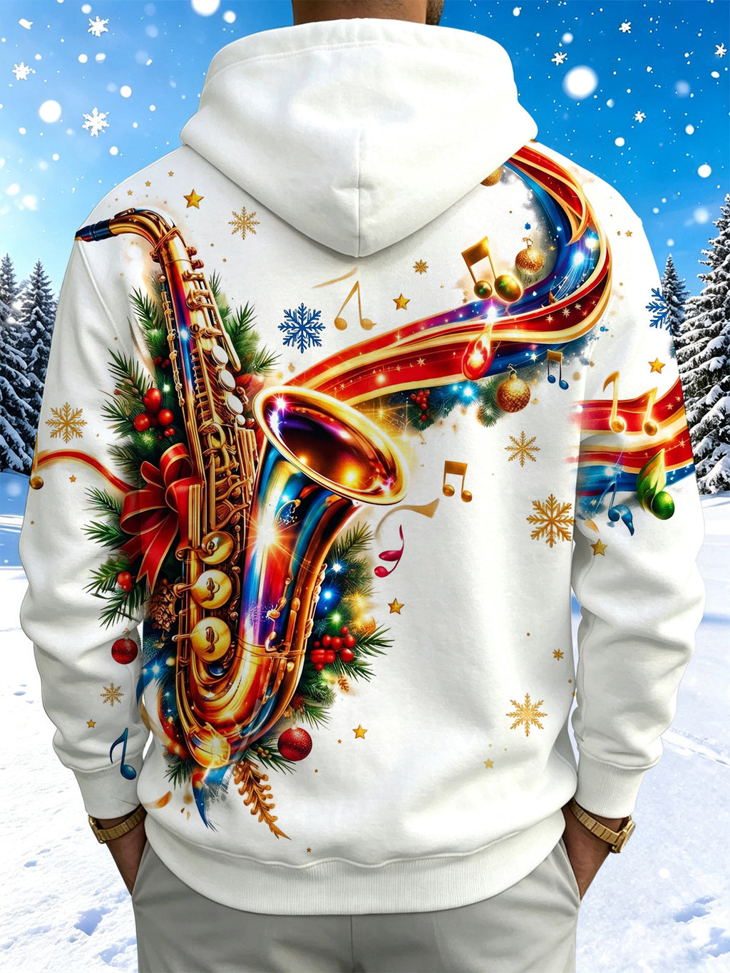 Oceanlyte Men's Long Sleeve Hoodie - Saxophone With Christmas Ornaments And Pine Branches Print
