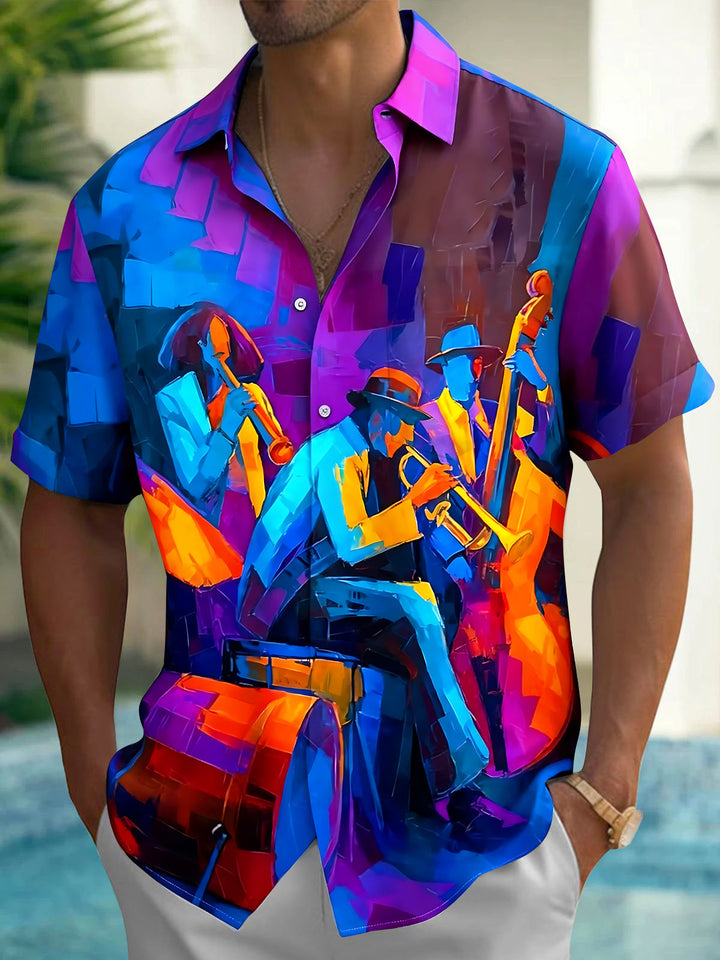 Oceanlyte Men's Abstract Jazz Musicians Graphic Print Short Sleeve Button Down Shirt with Chest Pocket