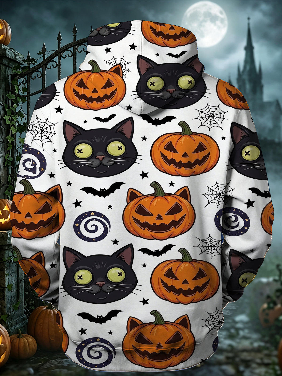 Oceanlyte Men's Graphic Halloween Black Cat Print Long Sleeve Hoodie with Chest Pocket