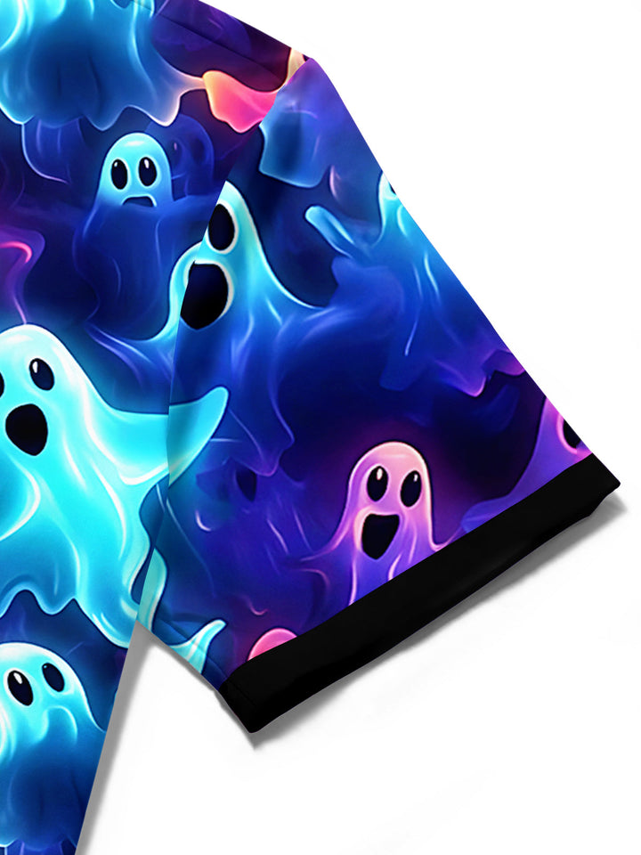 Oceanlyte Men's Hawaiian Ghost Pattern Neon Ghosts Print Short Sleeve Shirt with Chest Pocket