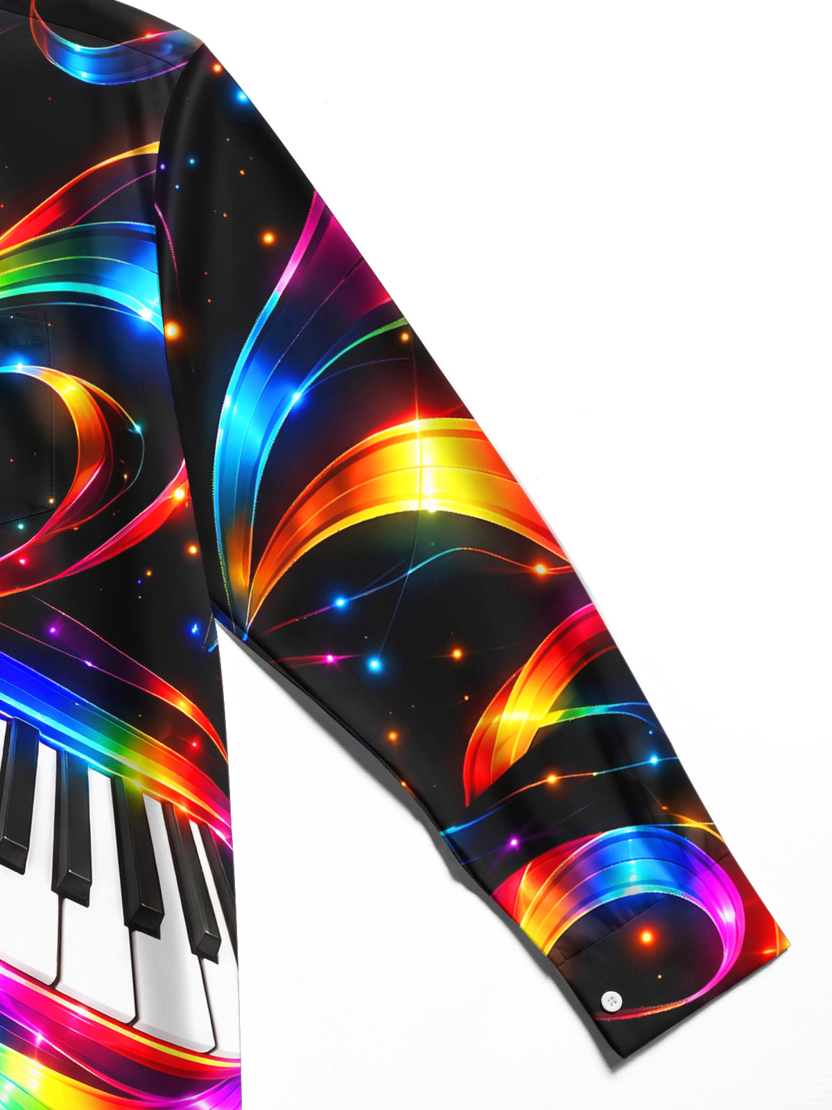 Oceanlyte Men's Long Sleeve Shirt - Neon Piano Keyboard And Rainbow Light Waves Print with Chest Pocket