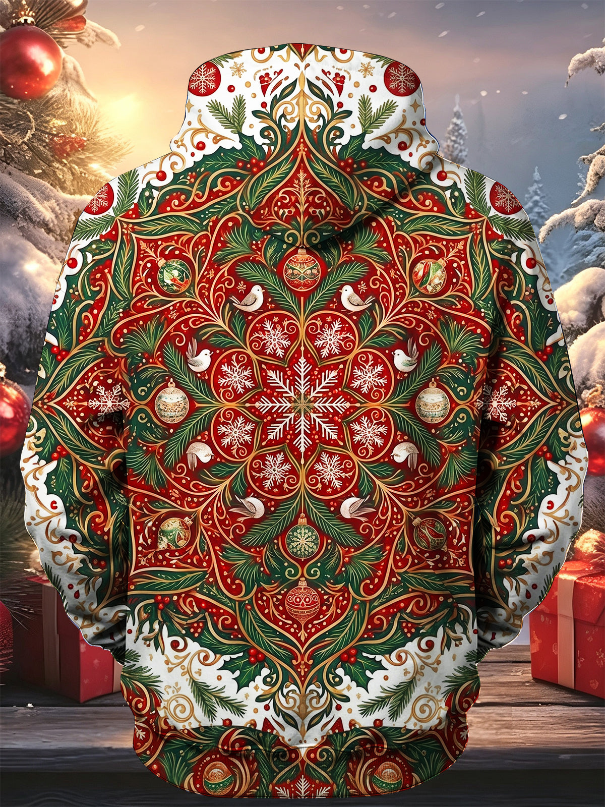 Oceanlyte Men's Long Sleeve Zip-Up Hoodie - Christmas Dove And Snowflake Pattern With Ornaments