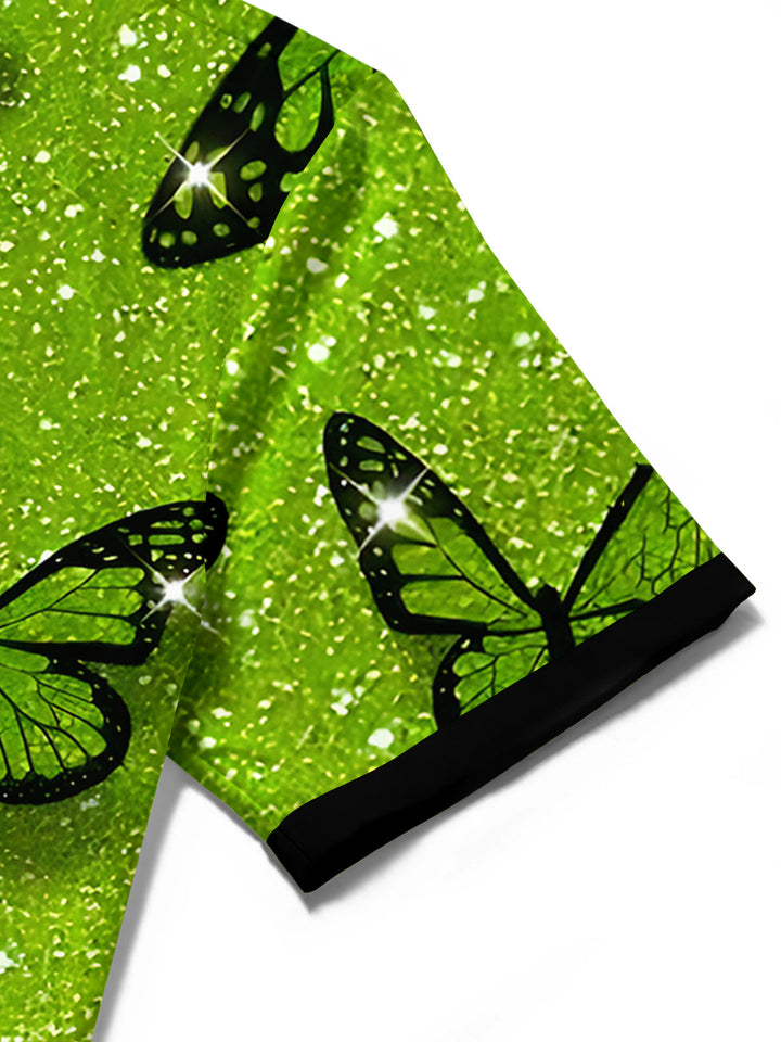 Oceanlyte Men's Hawaiian Green Glitter Butterfly Pattern Short Sleeve Shirt with Chest Pocket