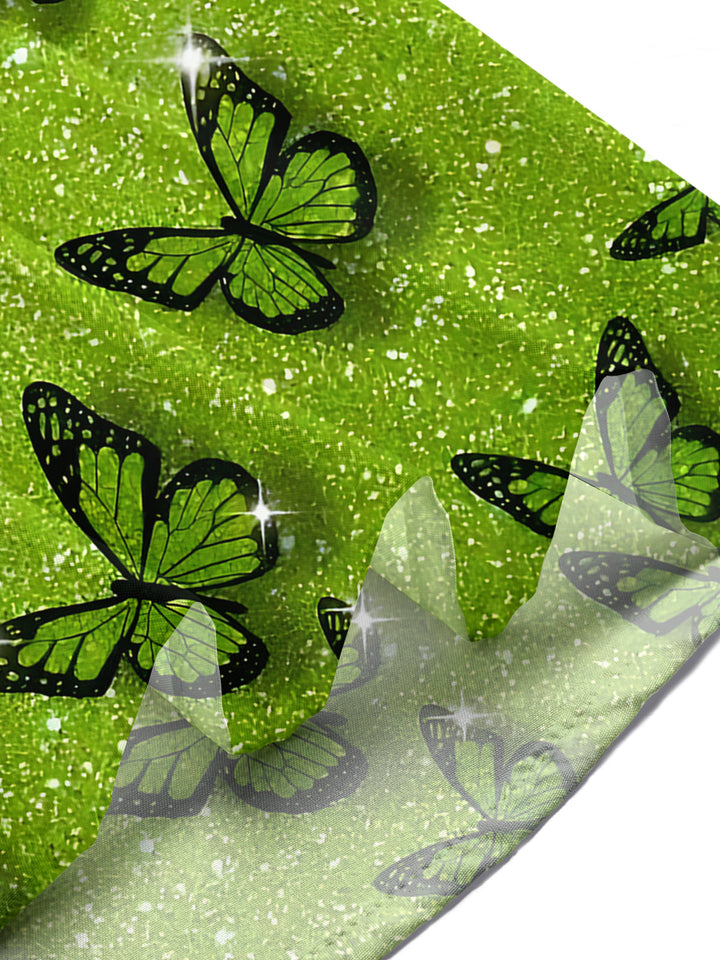 Oceanlyte Men's Hawaiian Green Glitter Butterfly Pattern Short Sleeve Shirt with Chest Pocket