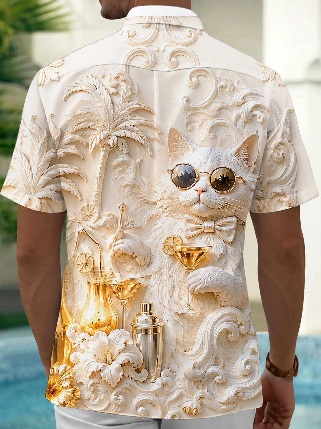 Oceanlyte Men's Hawaiian Cat With Sunglasses Print Short Sleeve Shirt with Chest Pocket