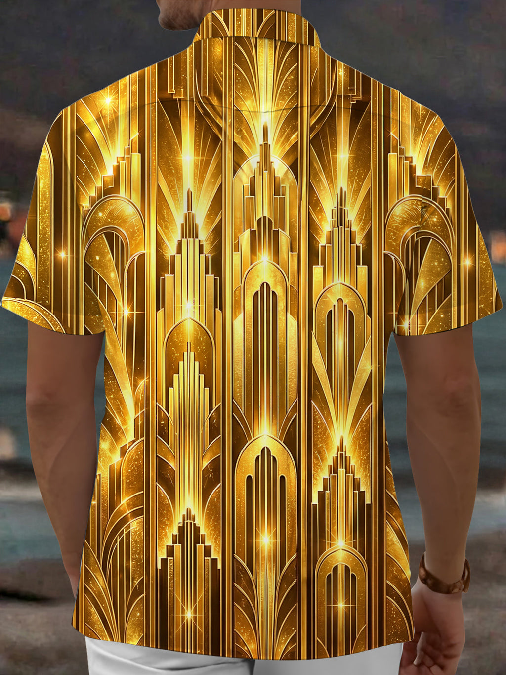 Oceanlyte Men's Short Sleeve Shirt - Art Deco Geometric Gold Lines And Arches Print with Chest Pocket