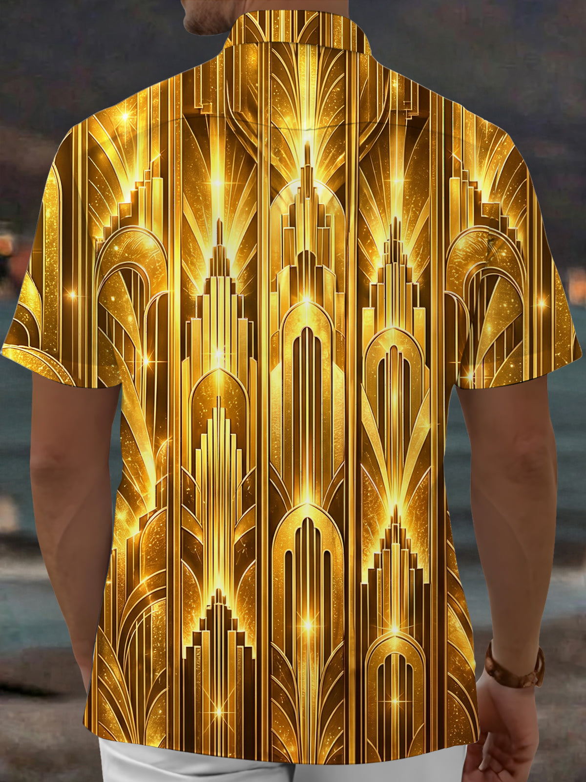 Oceanlyte Men's Short Sleeve Shirt - Art Deco Geometric Gold Lines And Arches Print with Chest Pocket