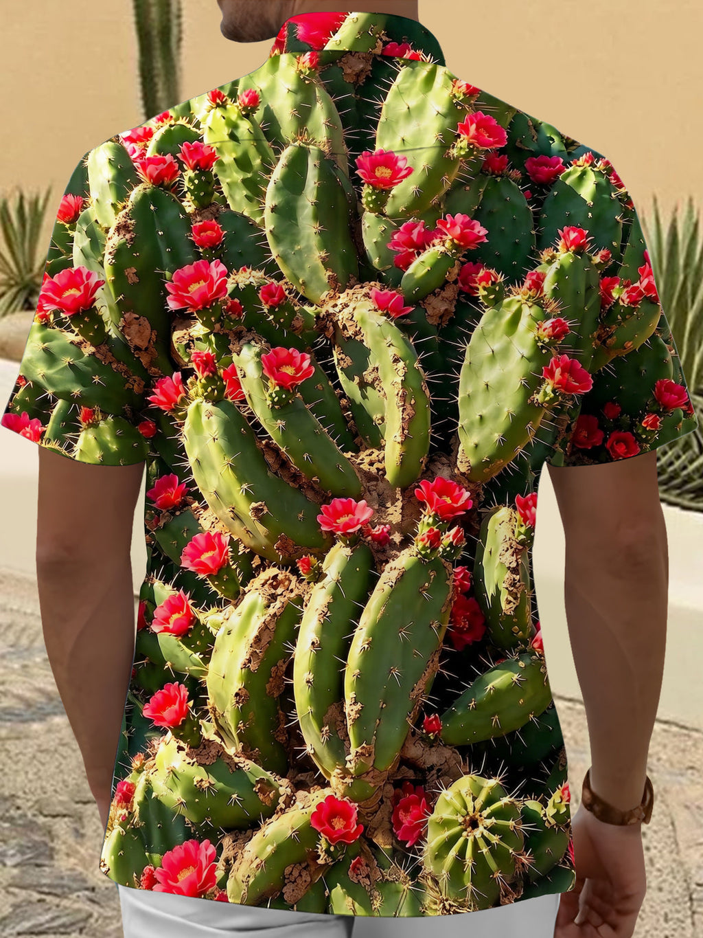 Oceanlyte Men's Hawaiian Cactus With Red Flowers Print Short Sleeve Shirt with Chest Pocket