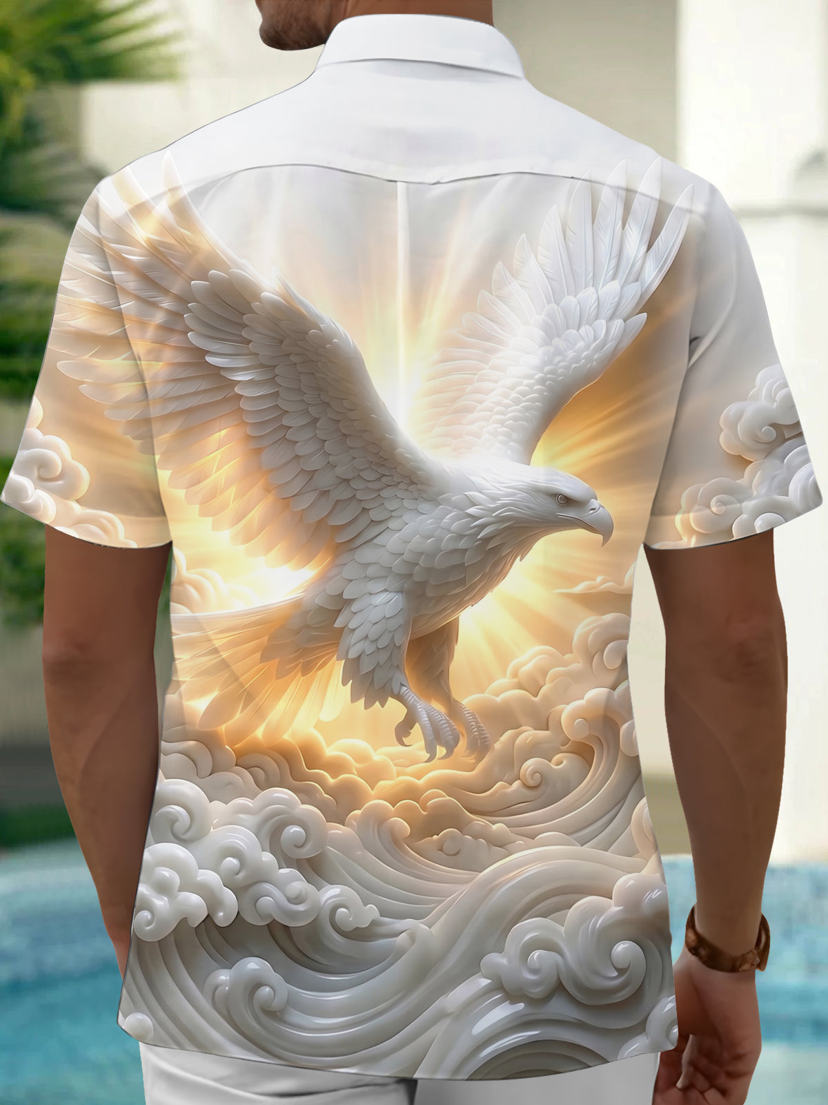 Oceanlyte Men's 3D 3D Eagle Print Clouds Print Short Sleeve Shirt with Chest Pocket