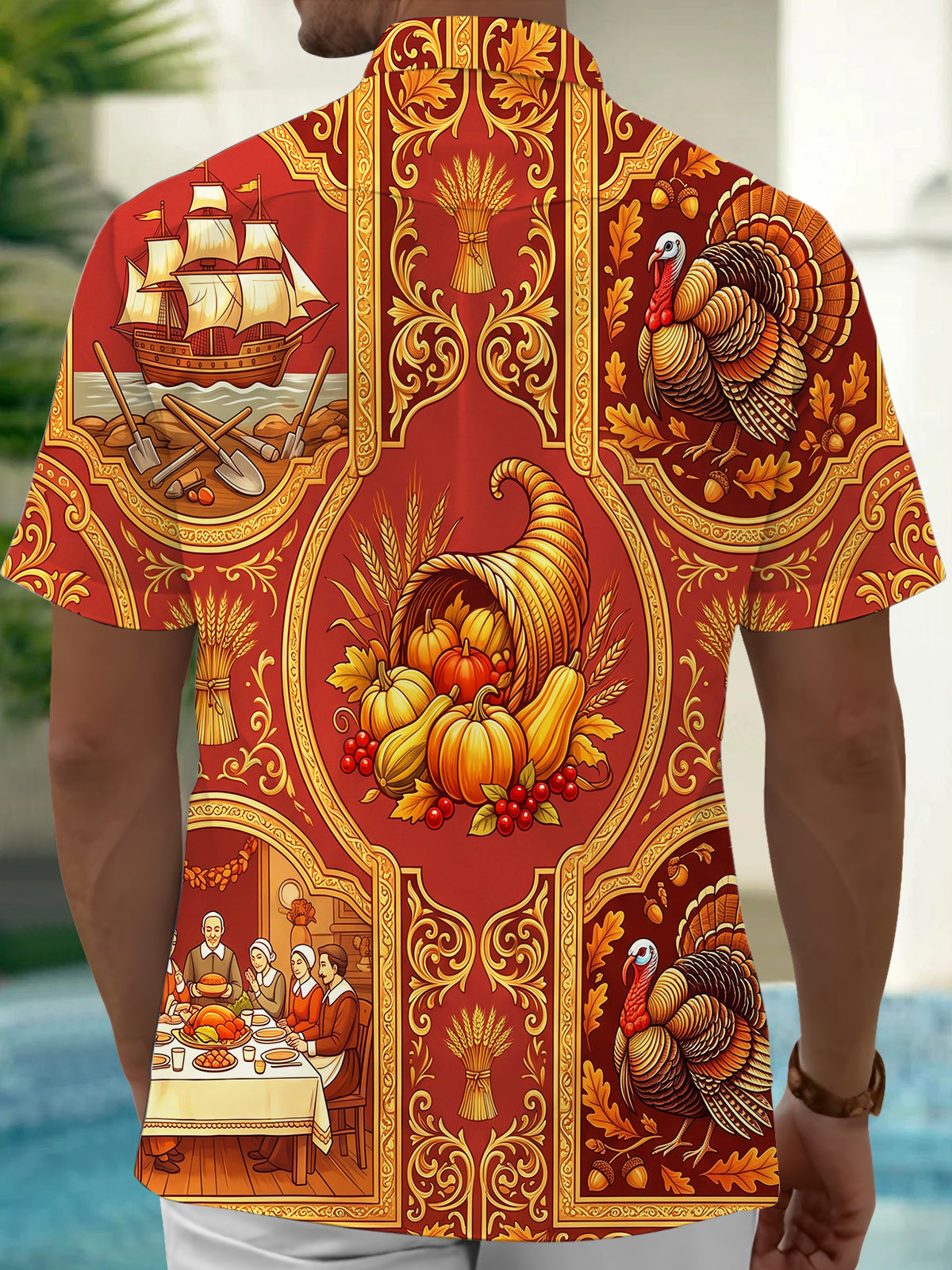 Oceanlyte Men's Short Sleeve Shirt - Thanksgiving Cornucopia And Harvest Produce Print with Chest Pocket