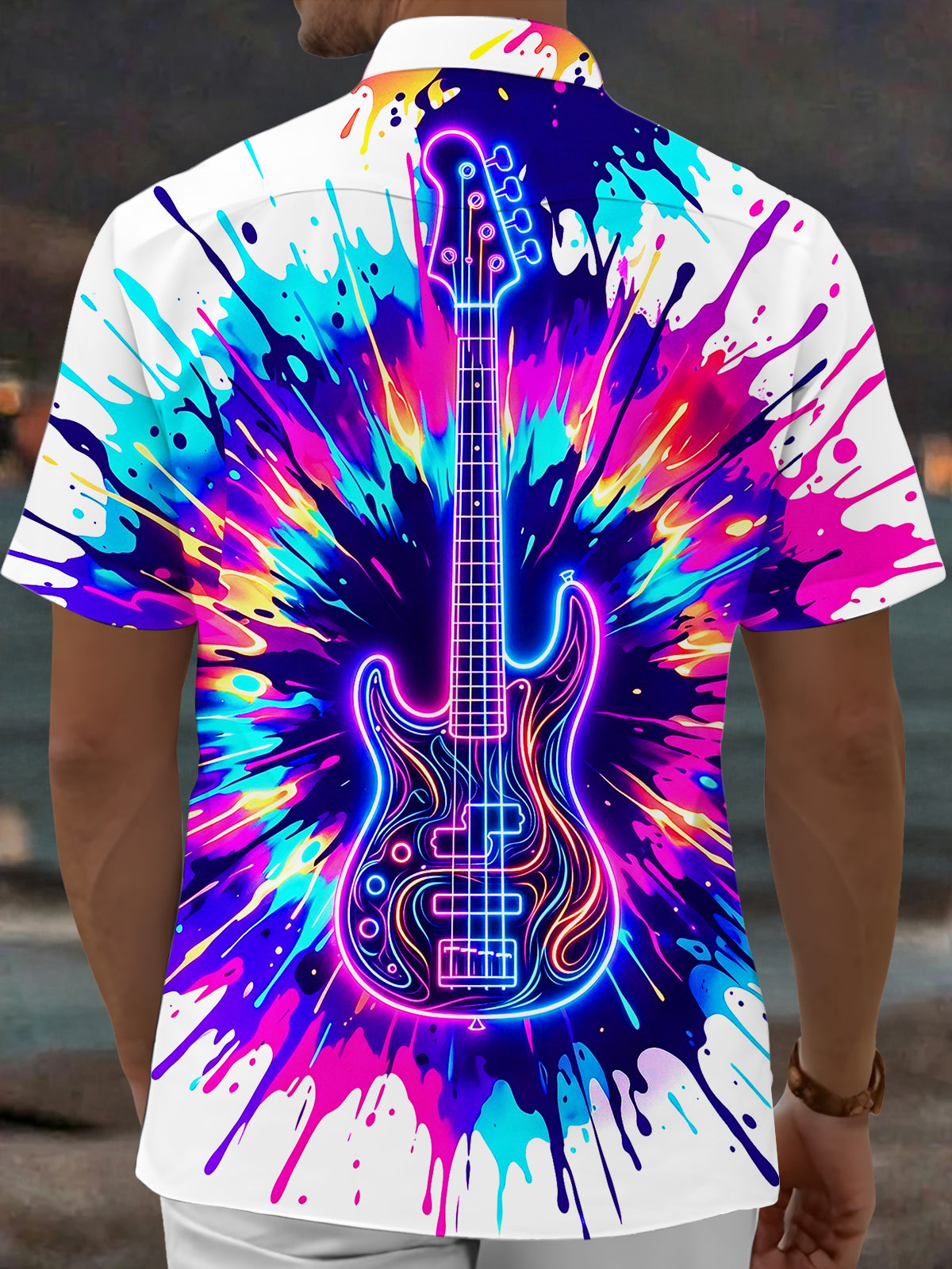 Oceanlyte Men's Short Sleeve Shirt - Neon Electric Guitar With Splatter Paint Print with Chest Pocket