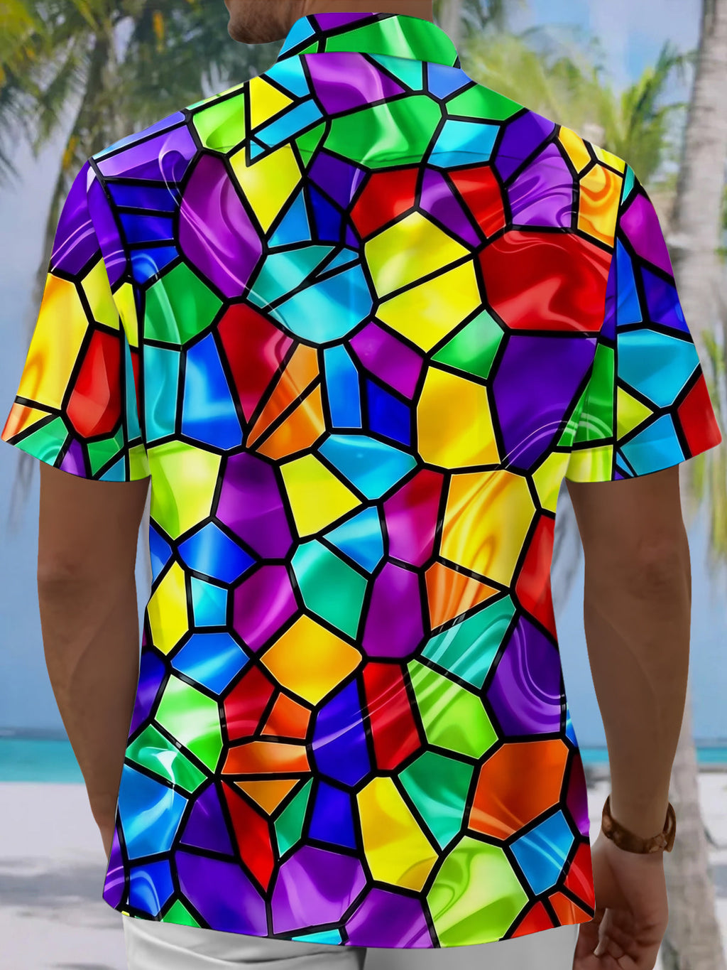 Oceanlyte Men's Geometric Stained Glass Mosaic Print Short Sleeve Button Down Shirt with Chest Pocket