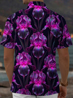 Oceanlyte Men's Hawaiian Purple Iris Flowers Print Short Sleeve Shirt with Chest Pocket