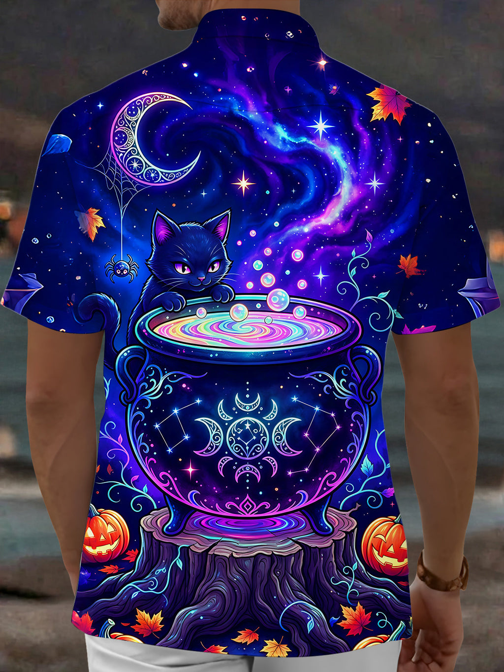 Oceanlyte Men's Short Sleeve Shirt - Halloween Black Cat And Cauldron With Stars Print with Chest Pocket