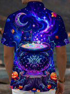 Oceanlyte Men's Short Sleeve Shirt - Halloween Black Cat And Cauldron With Stars Print with Chest Pocket