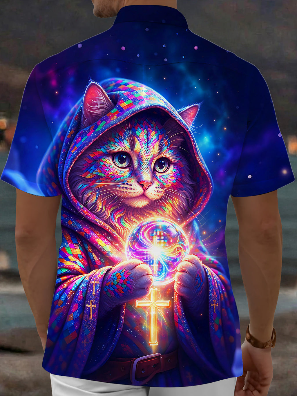 Oceanlyte Men's Short Sleeve Shirt - Colorful Hooded Cat With Crystal Ball And Cross Print with Chest Pocket