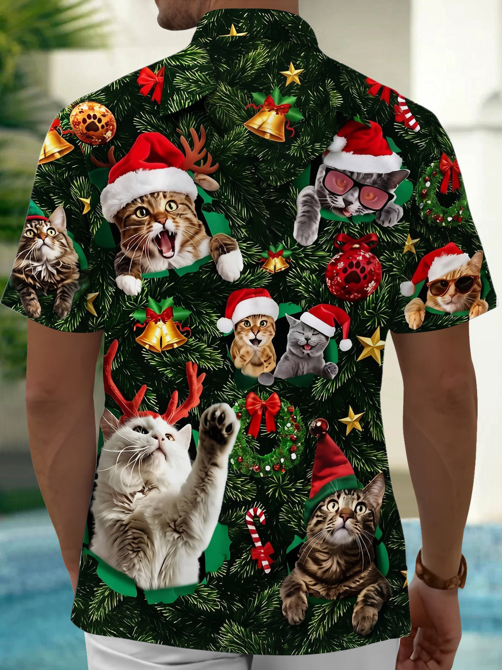 Oceanlyte Men's Hawaiian Christmas Cats Print Short Sleeve Shirt with Chest Pocket