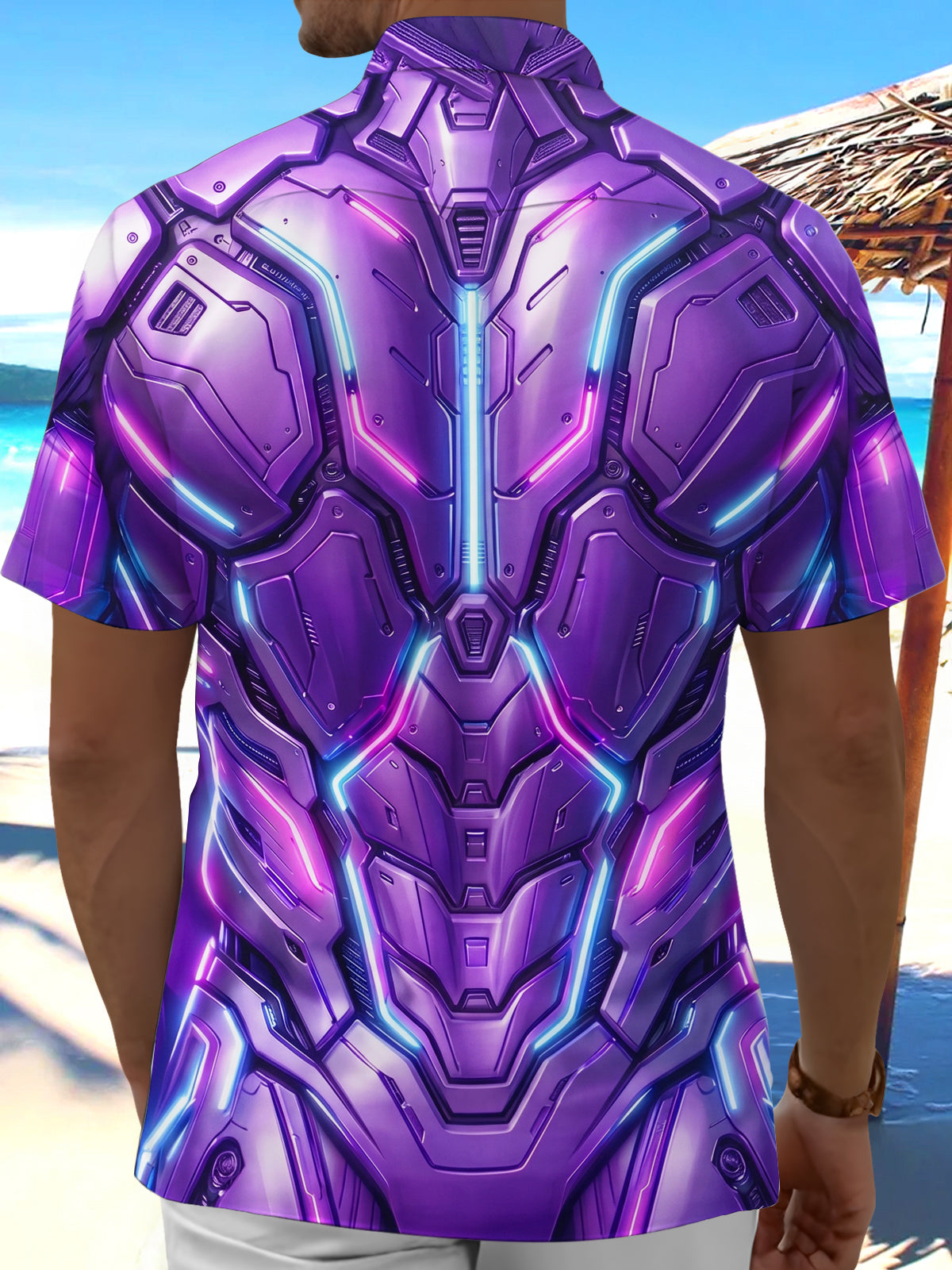 Oceanlyte Men's 3D Cyber Mecha Torso Print Short Sleeve Shirt with Chest Pocket
