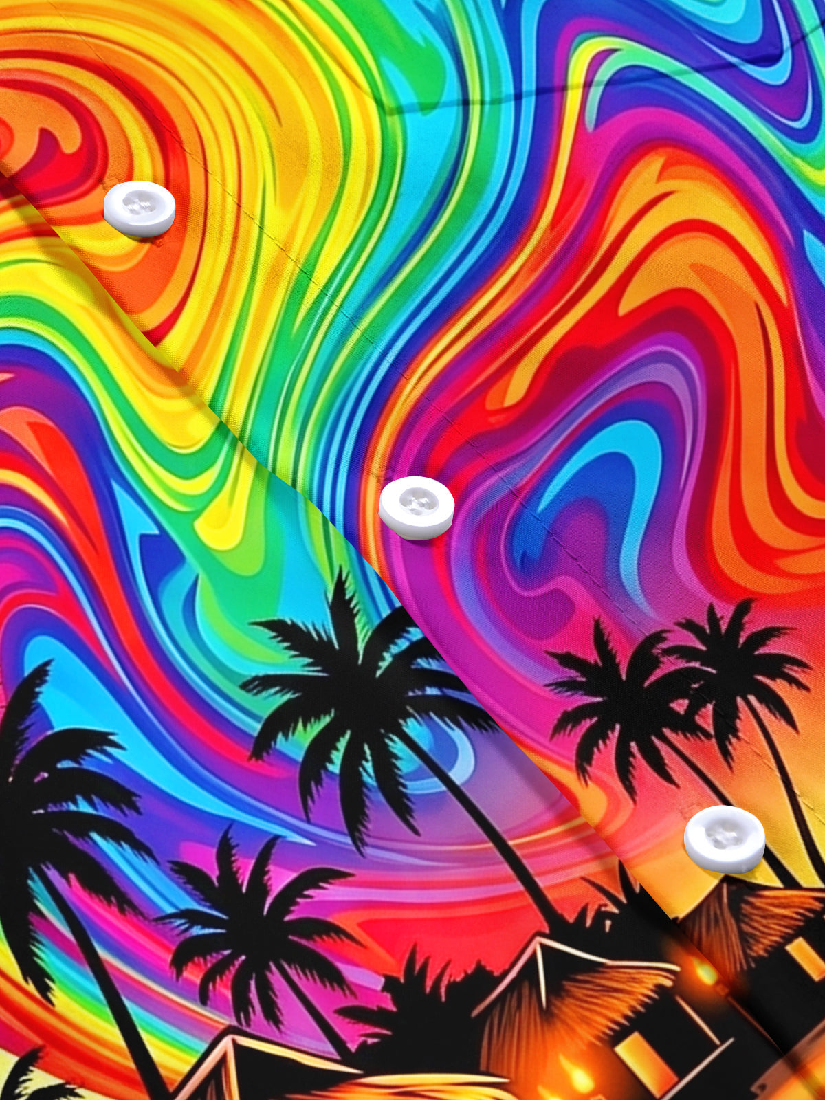 Oceanlyte Men's Short Sleeve Shirt - Psychedelic Rainbow Sunset With Palm Trees And Beach Huts Print with Chest Pocket