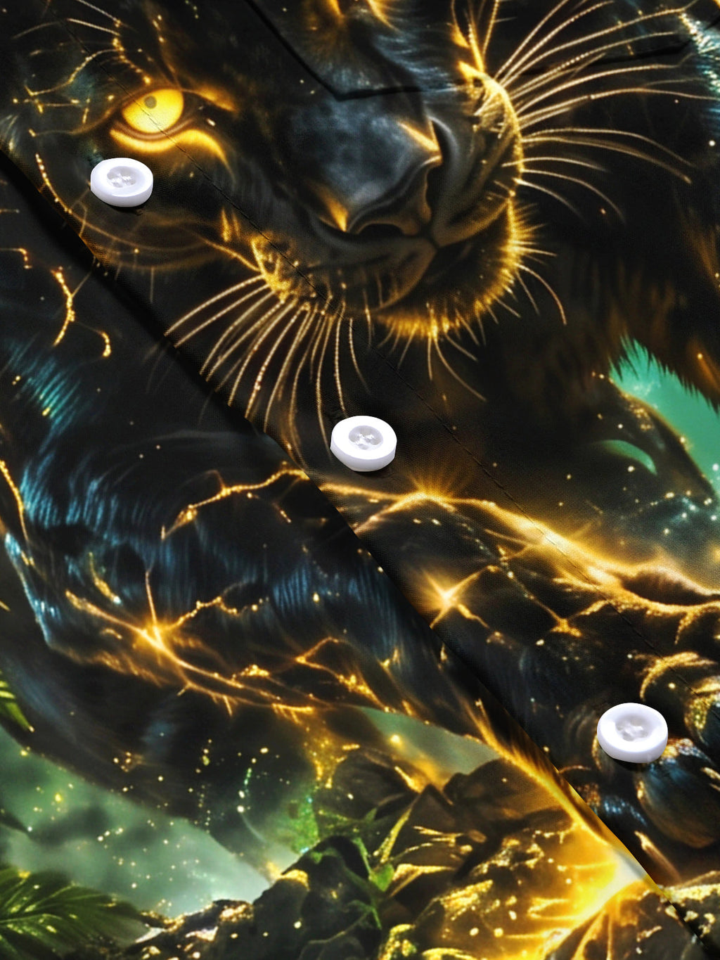 Oceanlyte Men's Black Panther With Glowing Golden Lines Print Short Sleeve Shirt with Chest Pocket