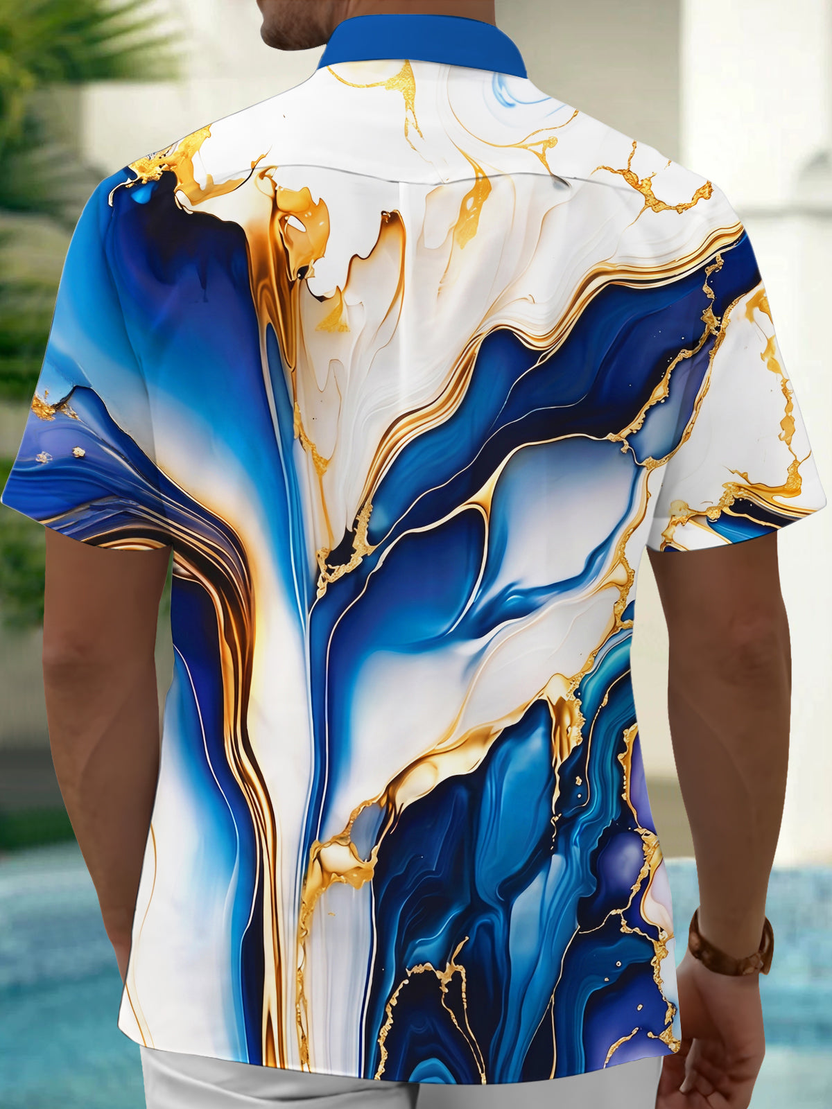 Oceanlyte Men's Printed Blue Gold Fluid Marble Print Short Sleeve Shirt with Chest Pocket