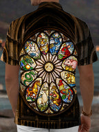 Oceanlyte Men's Church Stained Glass Zodiac Totem Printed Pattern Print Short Sleeve Shirt with Chest Pocket