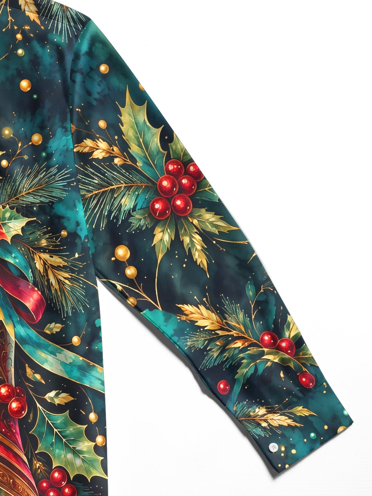 Oceanlyte Men's Hawaiian Christmas Bells And Holly Print Long Sleeve Shirt with Chest Pocket