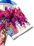 Oceanlyte Men's Short Sleeve Shirt - Mediterranean Scenery With Blue Domes And Bougainvillea Print with Chest Pocket
