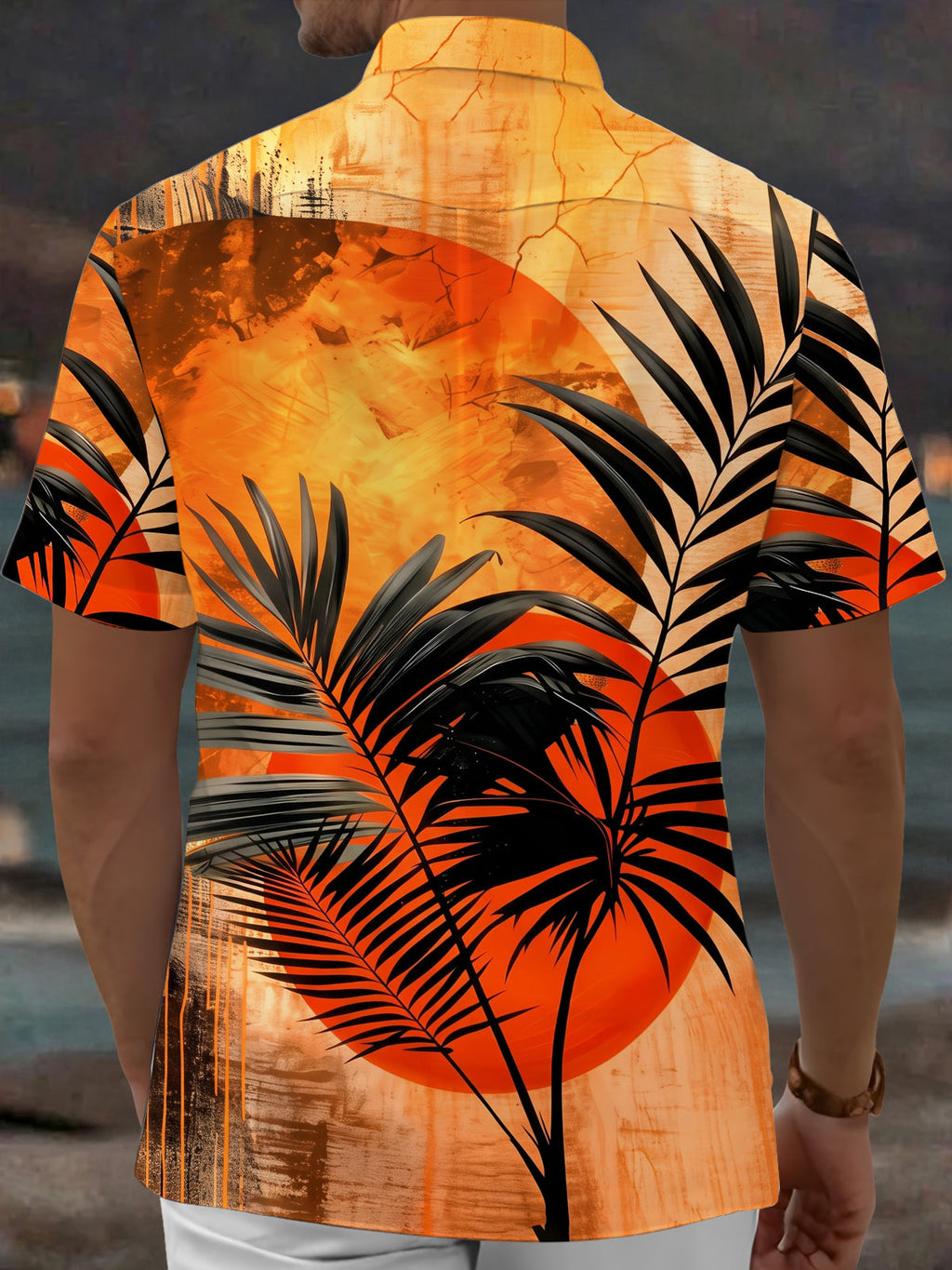 Oceanlyte Men's Hawaiian Palm Leaf Sunset Print Short Sleeve Shirt with Chest Pocket