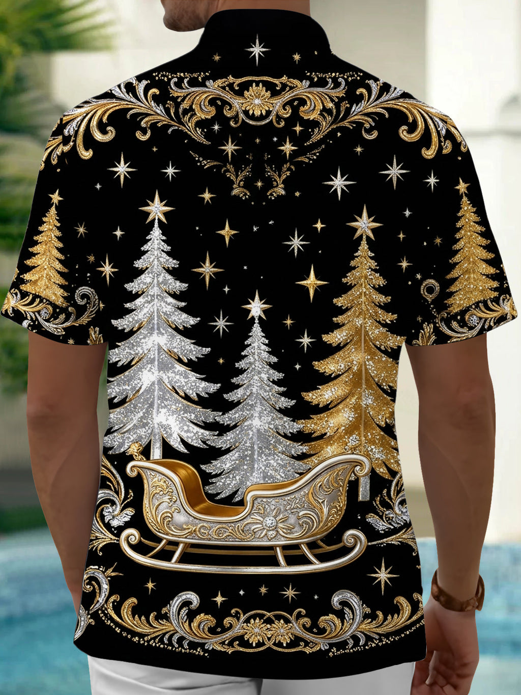 Oceanlyte Men's Christmas Sleigh And Christmas Trees Print Short Sleeve Shirt with Chest Pocket