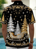 Oceanlyte Men's Christmas Sleigh And Christmas Trees Print Short Sleeve Shirt with Chest Pocket