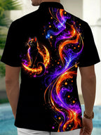Oceanlyte Men's Halloween Black Cat On Crescent Moon Print Short Sleeve Shirt with Chest Pocket