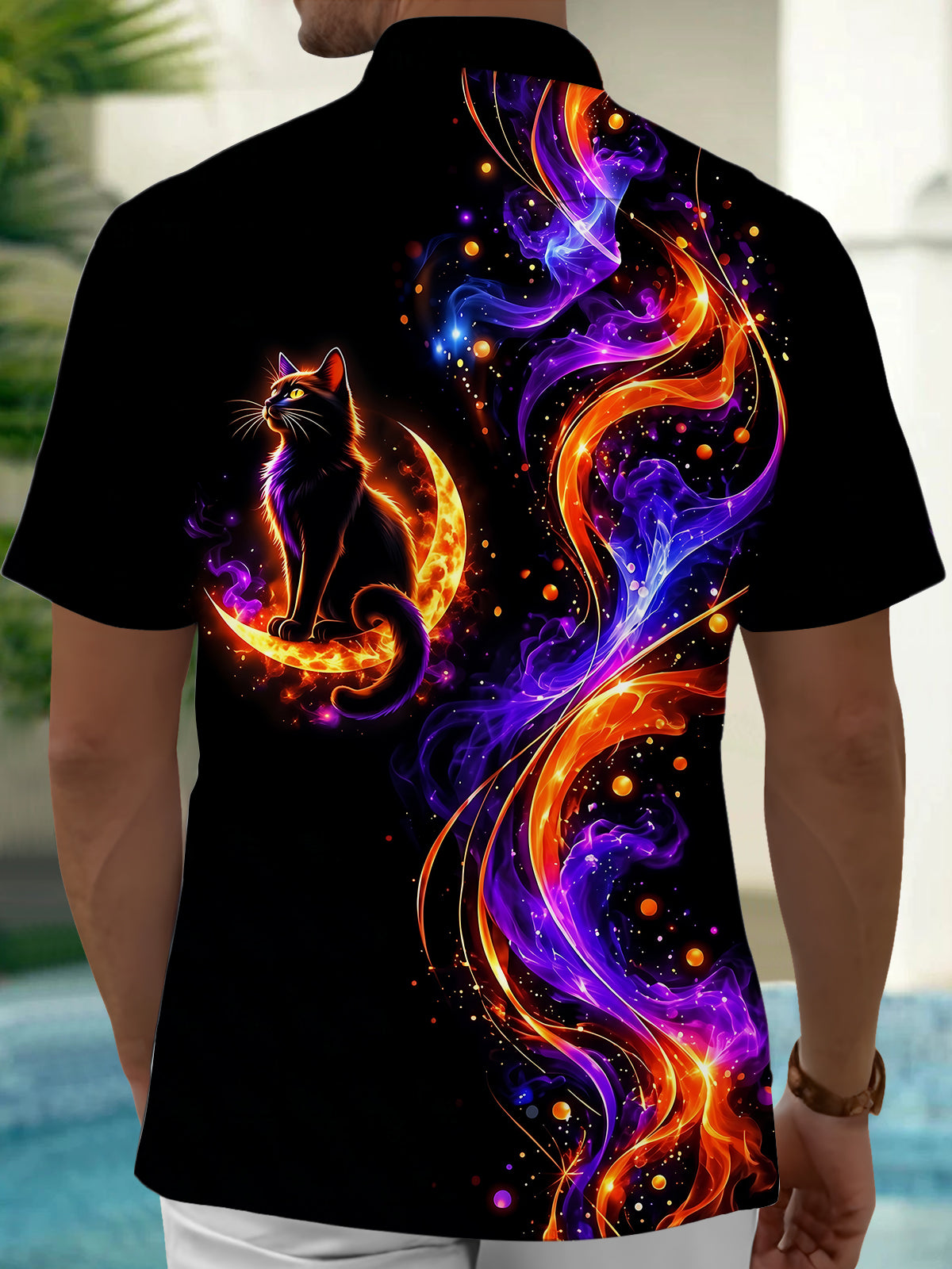 Oceanlyte Men's Halloween Black Cat On Crescent Moon Print Short Sleeve Shirt with Chest Pocket