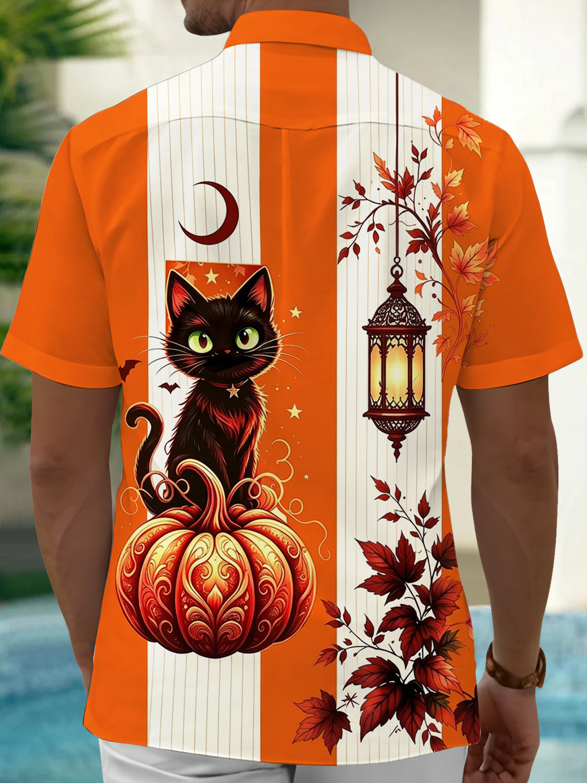 Oceanlyte Men's Graphic Halloween Black Cat And Pumpkin Print Short Sleeve Shirt with Chest Pocket