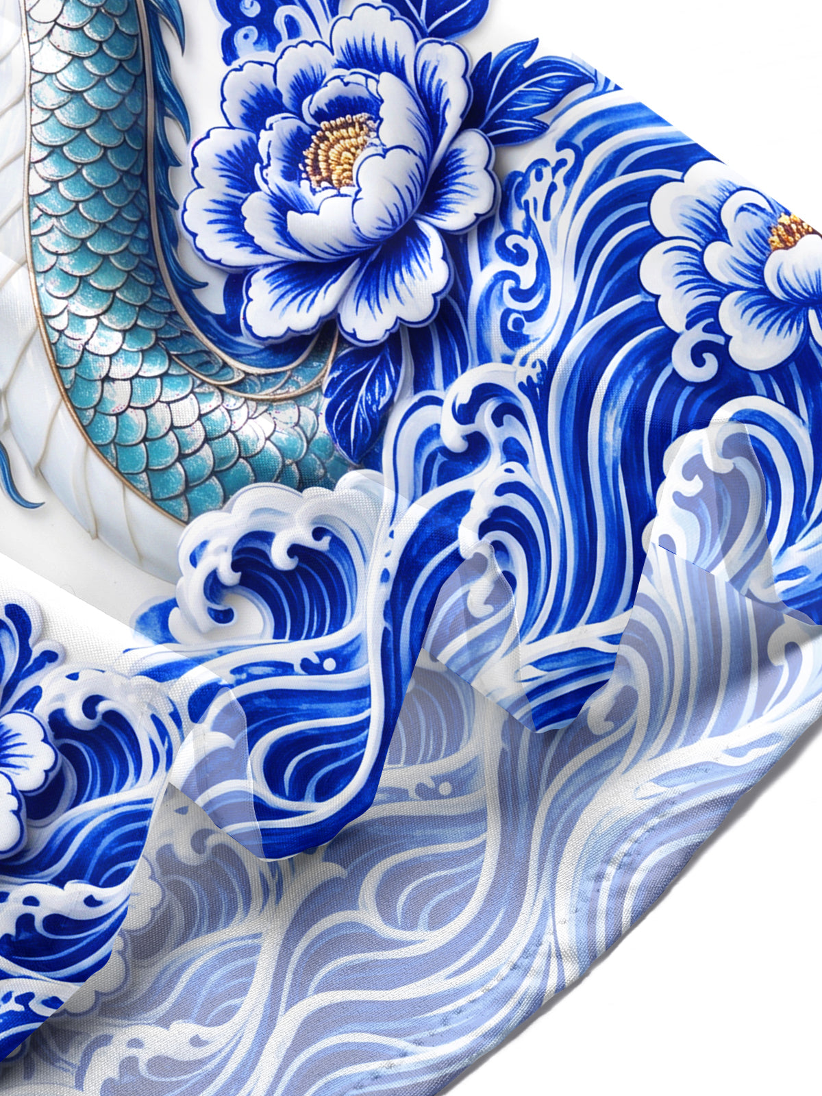 Oceanlyte Men's Printed Blue And White Porcelain Dragon Print Short Sleeve Shirt with Chest Pocket