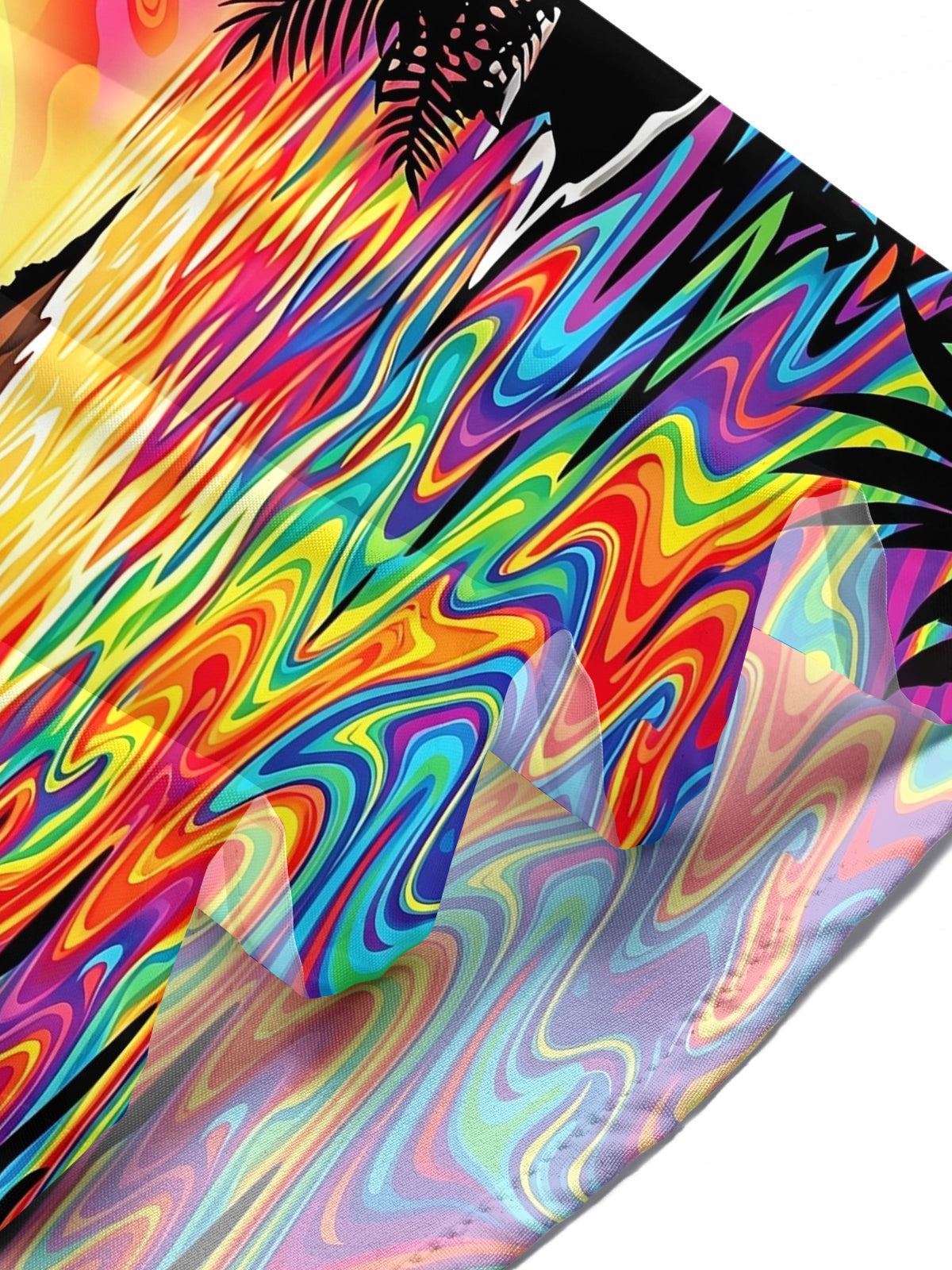 Oceanlyte Men's Short Sleeve Shirt - Psychedelic Rainbow Sunset With Palm Trees And Beach Huts Print with Chest Pocket