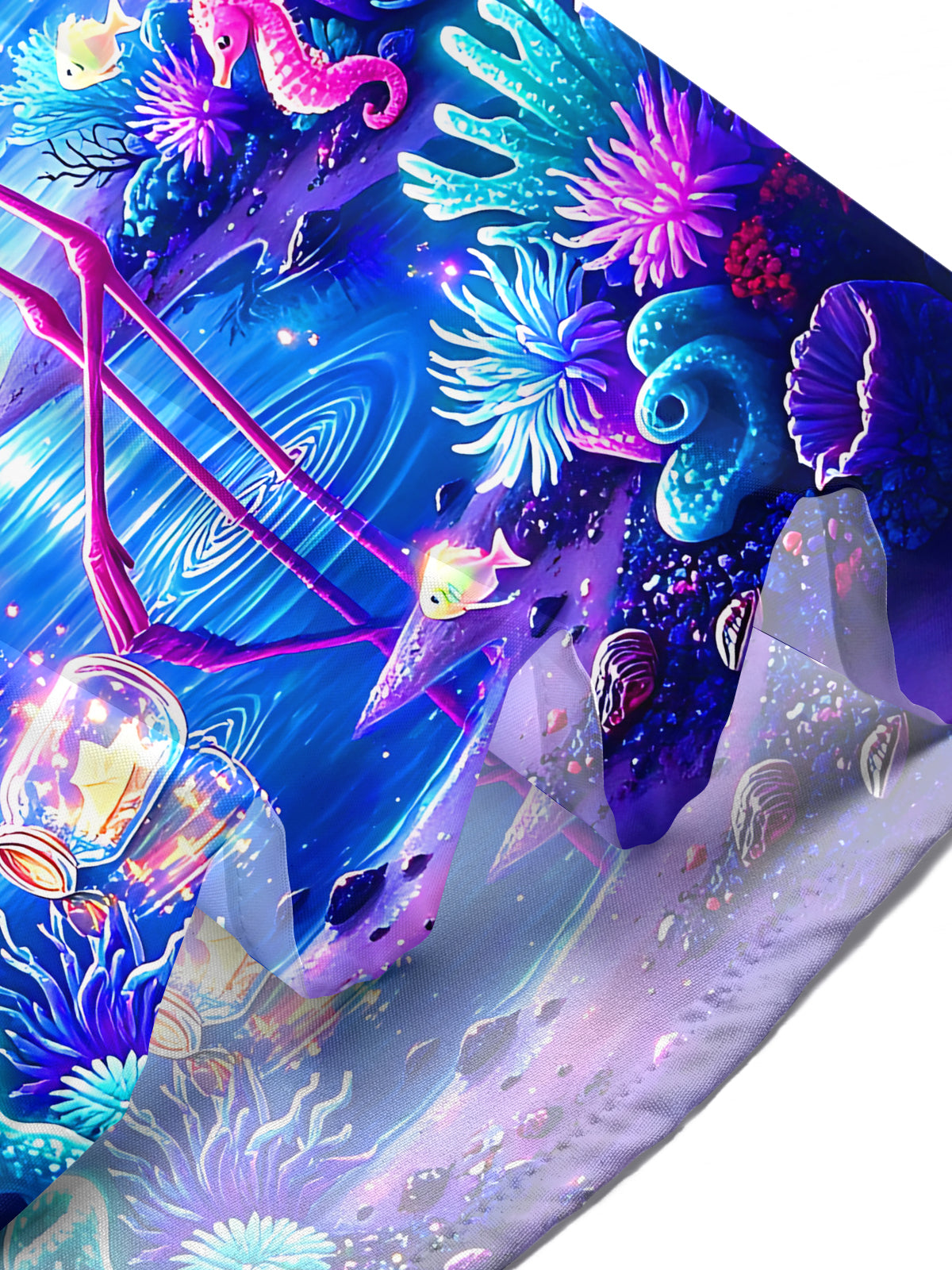 Oceanlyte Men's Short Sleeve Shirt - Purple Flamingo And Underwater Fantasy Scene Print with Chest Pocket