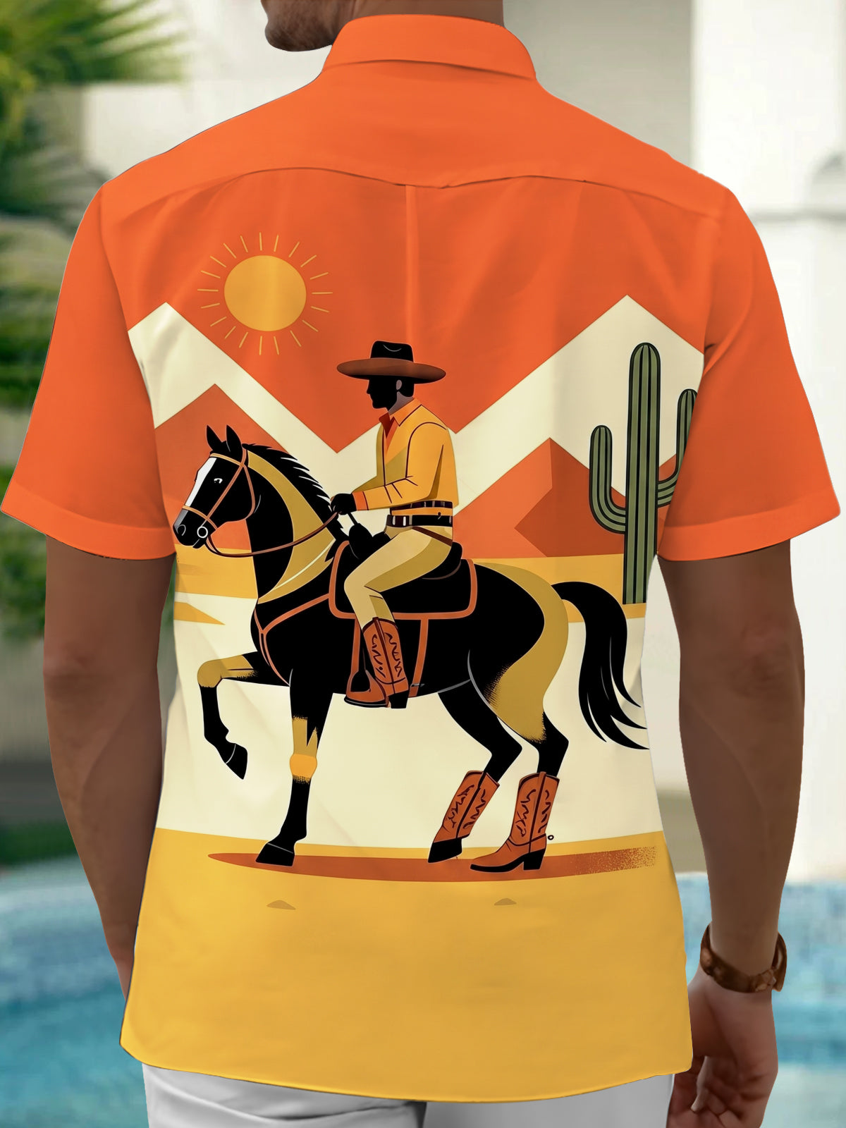 Oceanlyte Men's Vintage Style Cowboy On Horse Print Short Sleeve Shirt with Chest Pocket