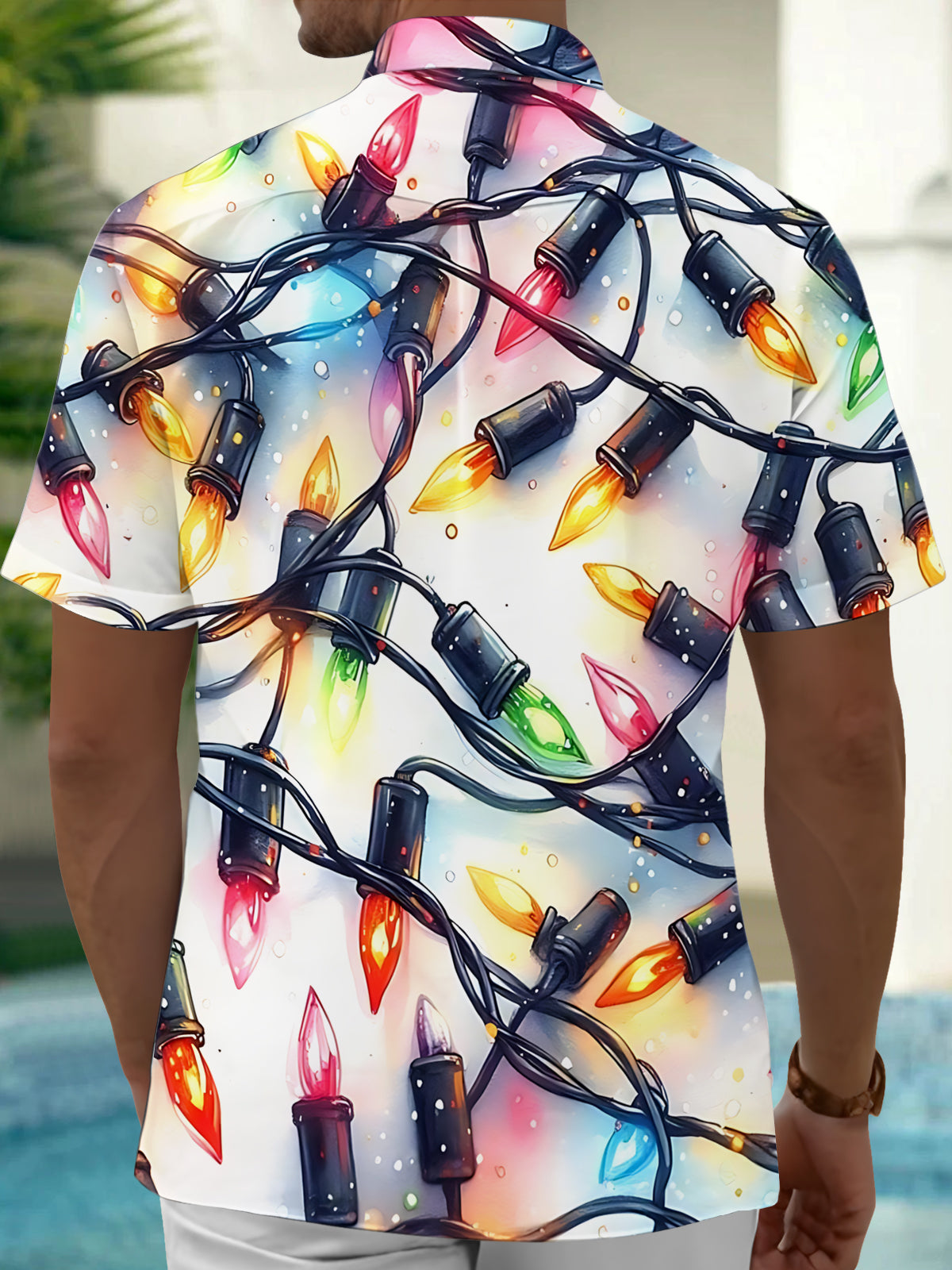 Oceanlyte Men's Hawaiian Christmas Lights Print Short Sleeve Shirt with Chest Pocket