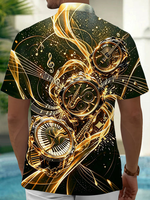 Oceanlyte Black Gold Music Clock Men's Short Sleeve Shirt with Chest Pocket