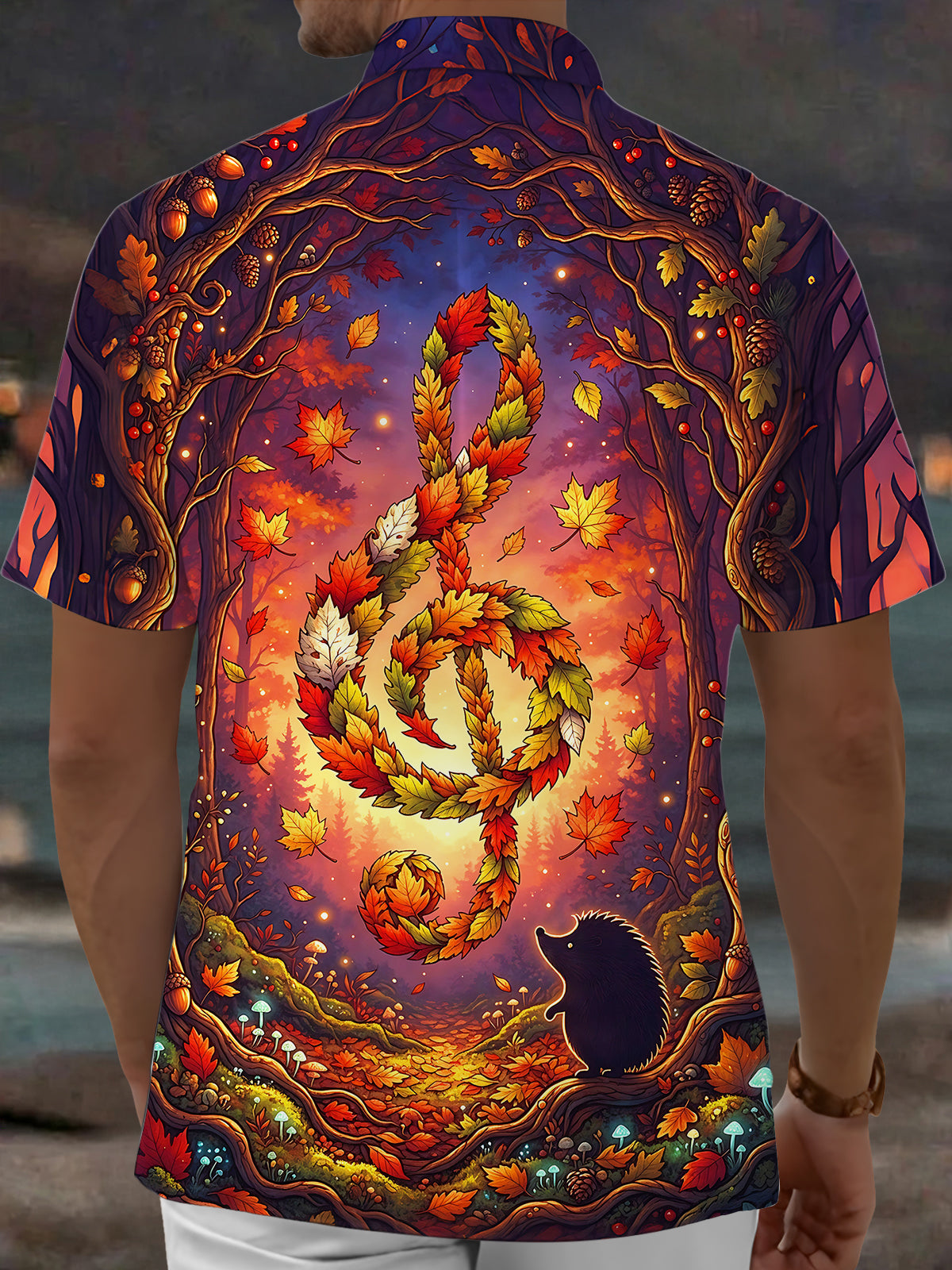 Oceanlyte Men's Short Sleeve Shirt - Autumn Forest Treble Clef Made Of Leaves Print with Chest Pocket
