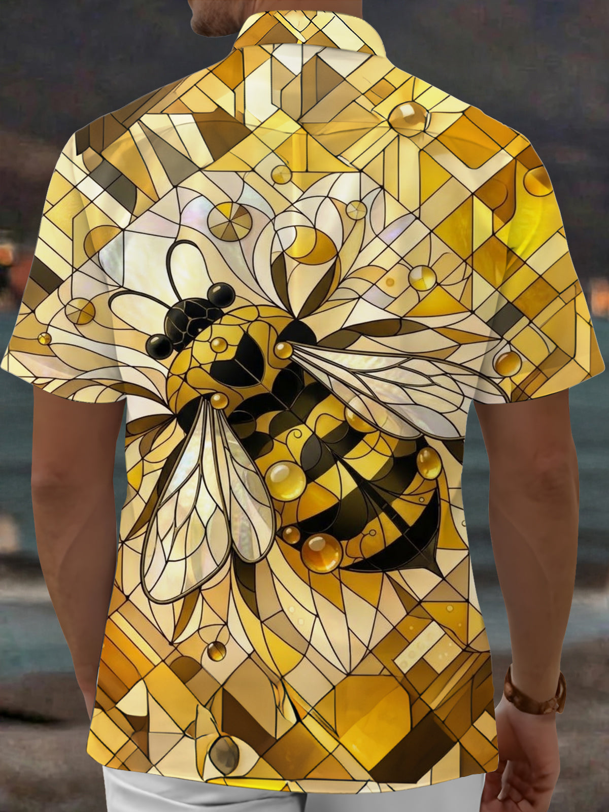 Oceanlyte Men's Printed Stained Glass Bee Print Short Sleeve Shirt with Chest Pocket