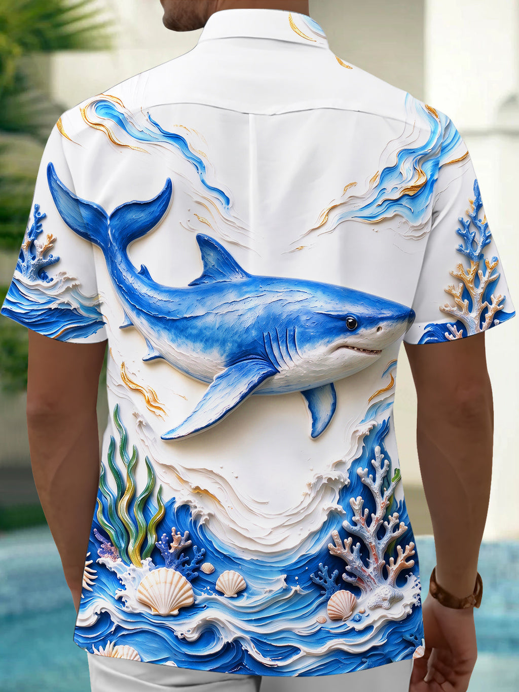 Oceanlyte Men's Graphic 3D Embossed Shark Print Short Sleeve Shirt with Chest Pocket