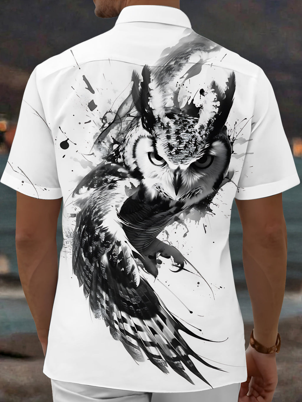 Oceanlyte Men's Printed Owl Graphic Ink Splatter Print Short Sleeve Shirt with Chest Pocket