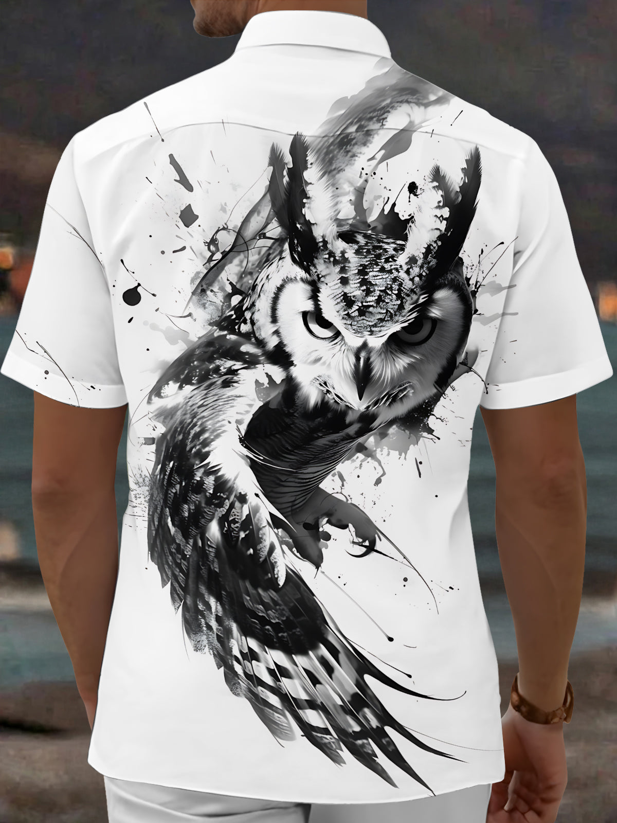 Oceanlyte Men's Printed Owl Graphic Ink Splatter Print Short Sleeve Shirt with Chest Pocket