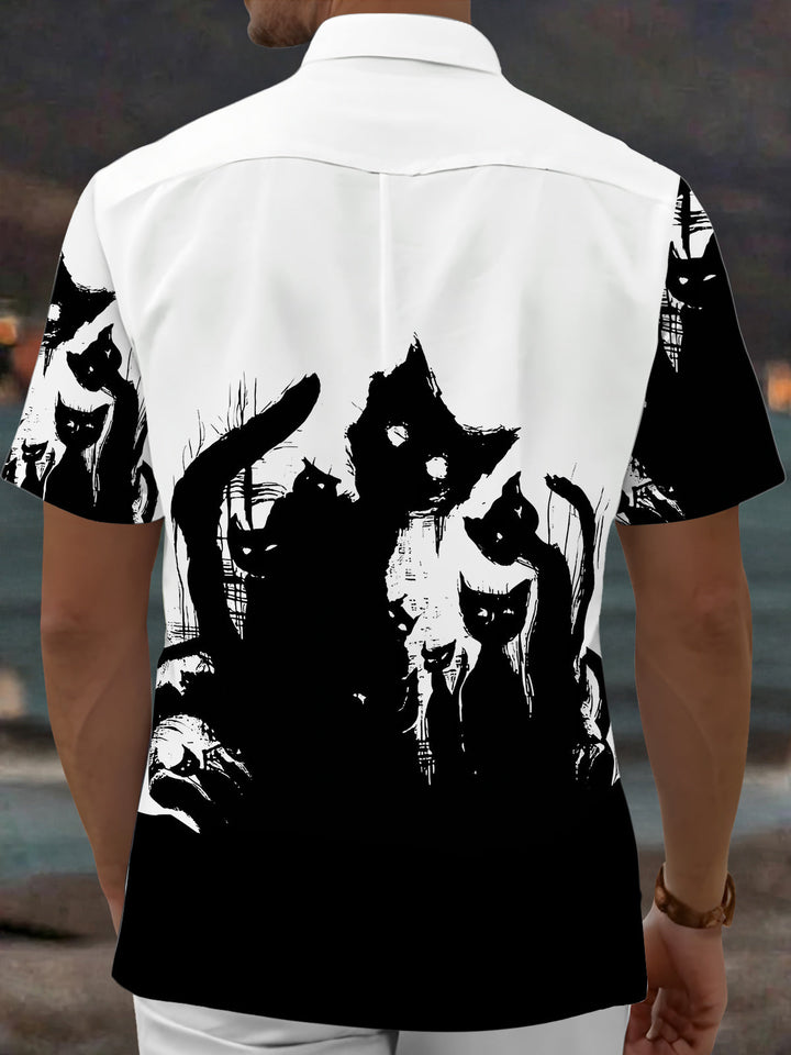 Oceanlyte Men's Graphic Black Cat Print Short Sleeve Shirt with Chest Pocket