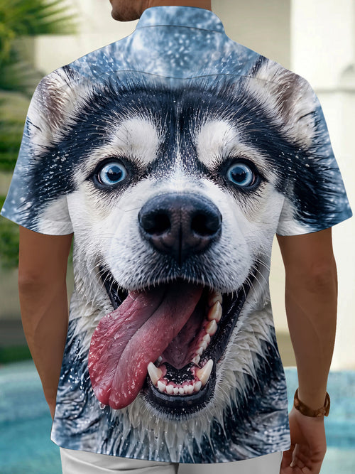 Oceanlyte Men's Graphic Alaskan Malamute Face Print Short Sleeve Shirt with Chest Pocket