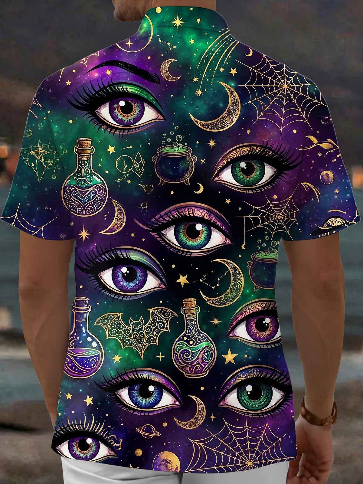 Oceanlyte Men's Short Sleeve Shirt - Halloween Mystical Elements Print Mystical Eyes And Starry Sky Print with Chest Pocket