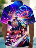 Oceanlyte Men's Graphic Neon Music Steam Train Print Short Sleeve Shirt with Chest Pocket