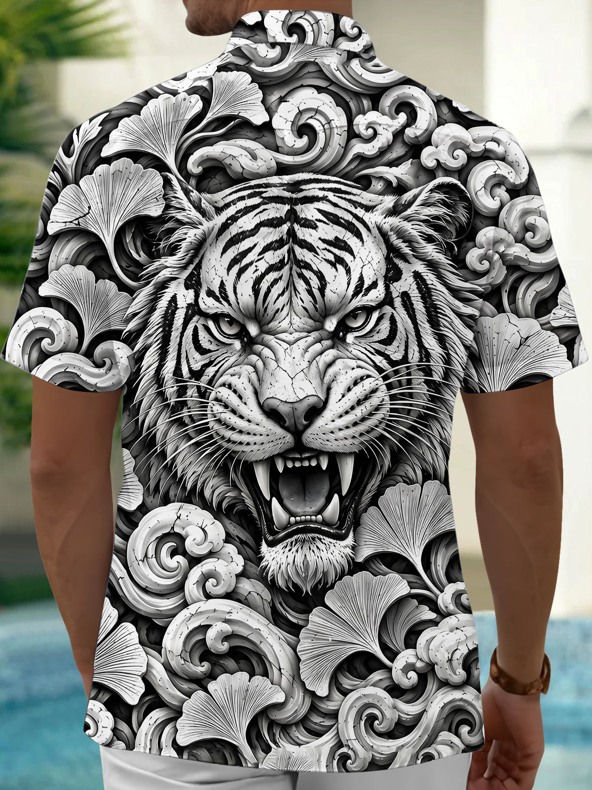Oceanlyte Men's Hawaiian Tiger Face Print Short Sleeve Shirt with Chest Pocket